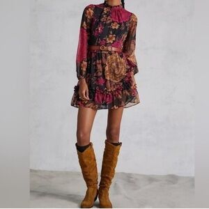 Anthropologie Porridge Long Puff Sleeve Open Back Floral Chiffon Mini Dress Sz S